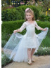 Ivory Lace Knee Length Flower Girl Dress With Detachable Tulle Train